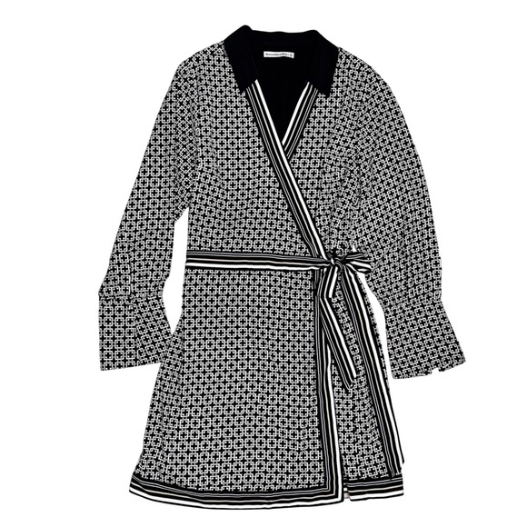 Abercrombie & Fitch Womens Black White Geometric Wrap Dress Long Sleeve LT - Picture 1 of 12